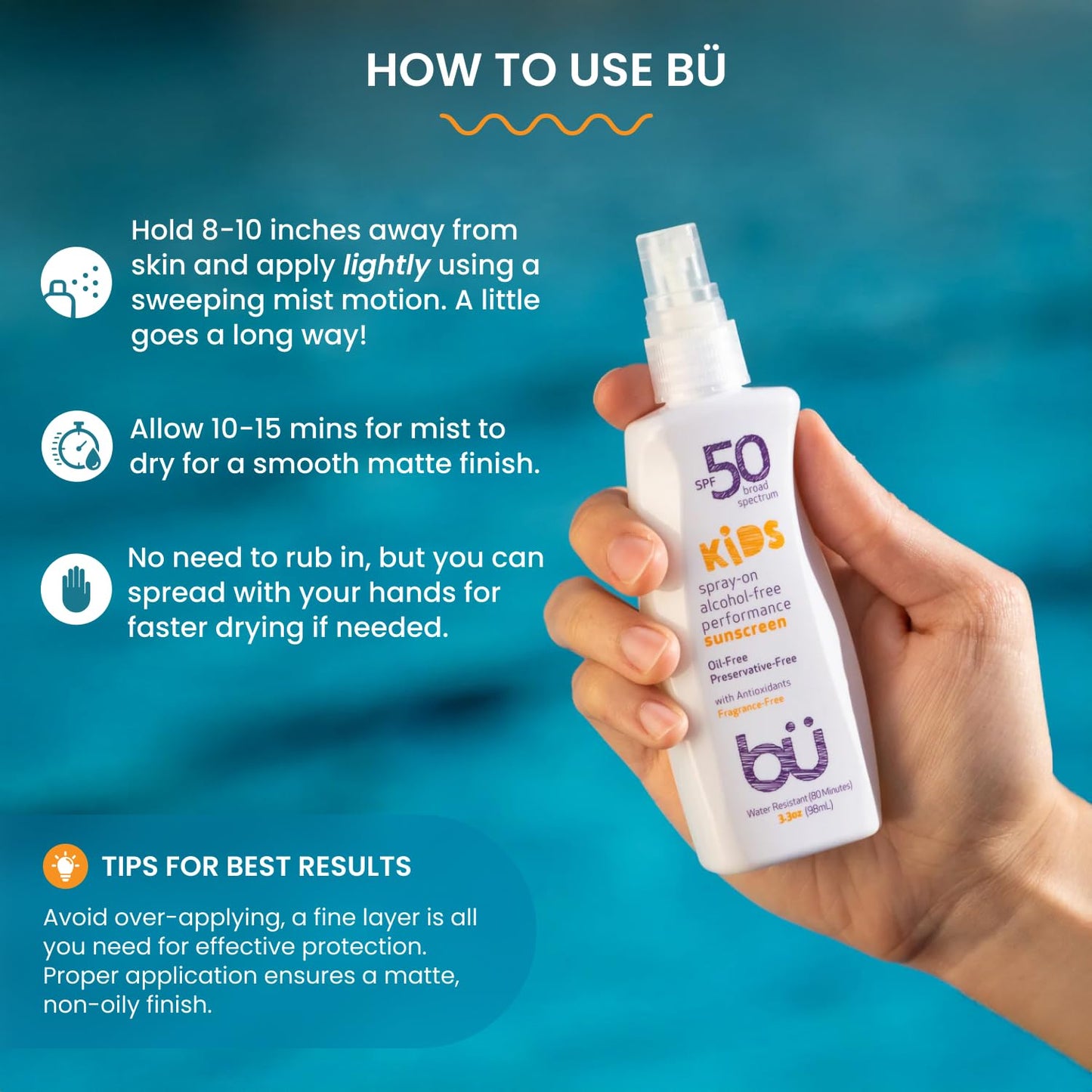 BU SPF 50 Fragrance Free Kids Sunscreen Spray for Face and Body, TSA Travel Size Sunscreen, Clear Non Aeorsol Spray, Non Greasy, Water Resistant and Oil Free, 3.3 oz (3-pack)