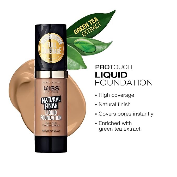Kiss New York Professional Liquid Foundation - Lightweight and Hydrating Formula, Natural Finish, Control Shine, Cover Pores, Medium to Full Coverage, Green Tea Extract (Sun Beige)