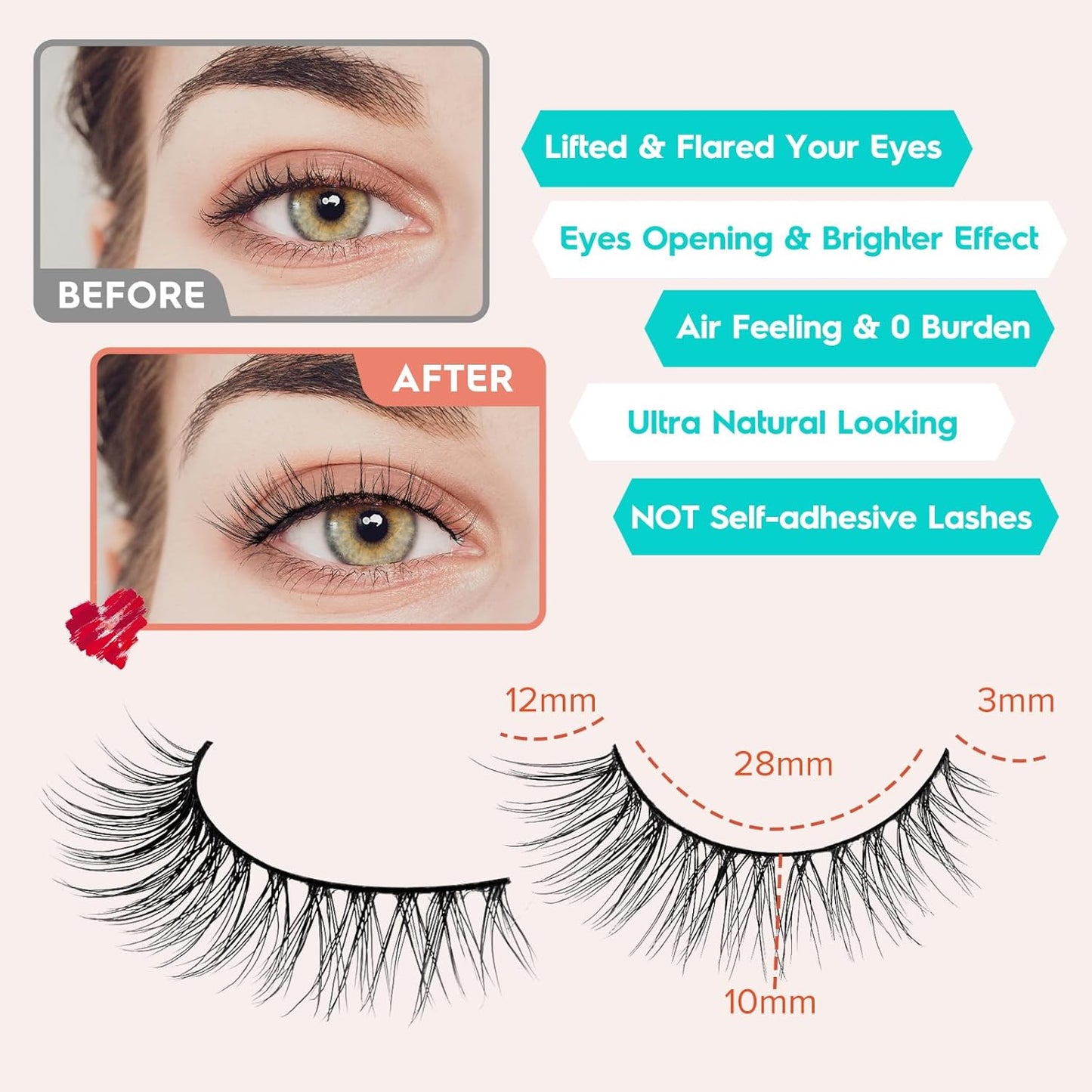 False Eyelashes Wispy Lashes Natural Look 12mm Cat Eye Eyelashes 3D Volume Natural Lashes 0.1MM Thin Band Strip Lashes Siligli Eye Lashes C Curl 7 Pair