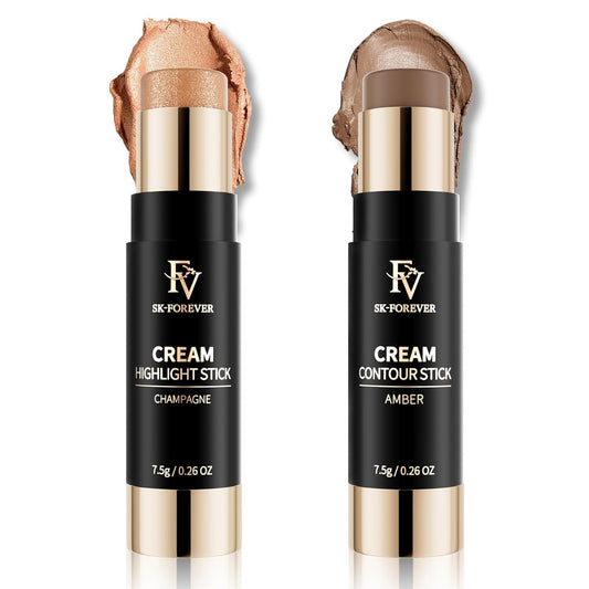 FV 2PCS Contour Stick, Highly Pigmented & Blendable Cool Toned Contour and Highlighter Stick with Natural Finish, Long Lasting & Creamy Texture Contour Set for Face Shaping Makeup, 01&03