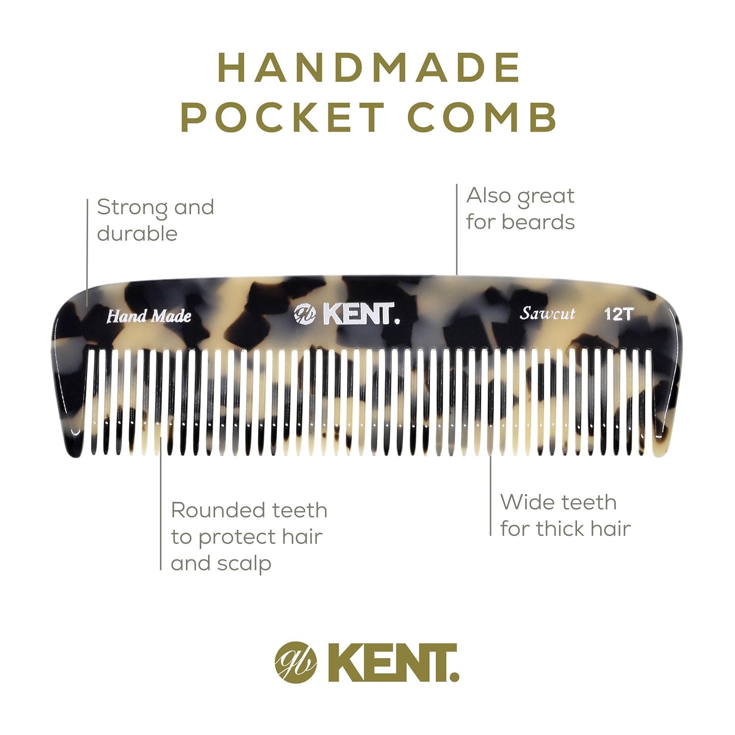 Kent 12T TW Wide Tooth Detangling Comb - Handmade Large Pocket Comb for Thick, Curly, and Wavy Hair Grooming - Saw-Cut Beard and Mustache Comb