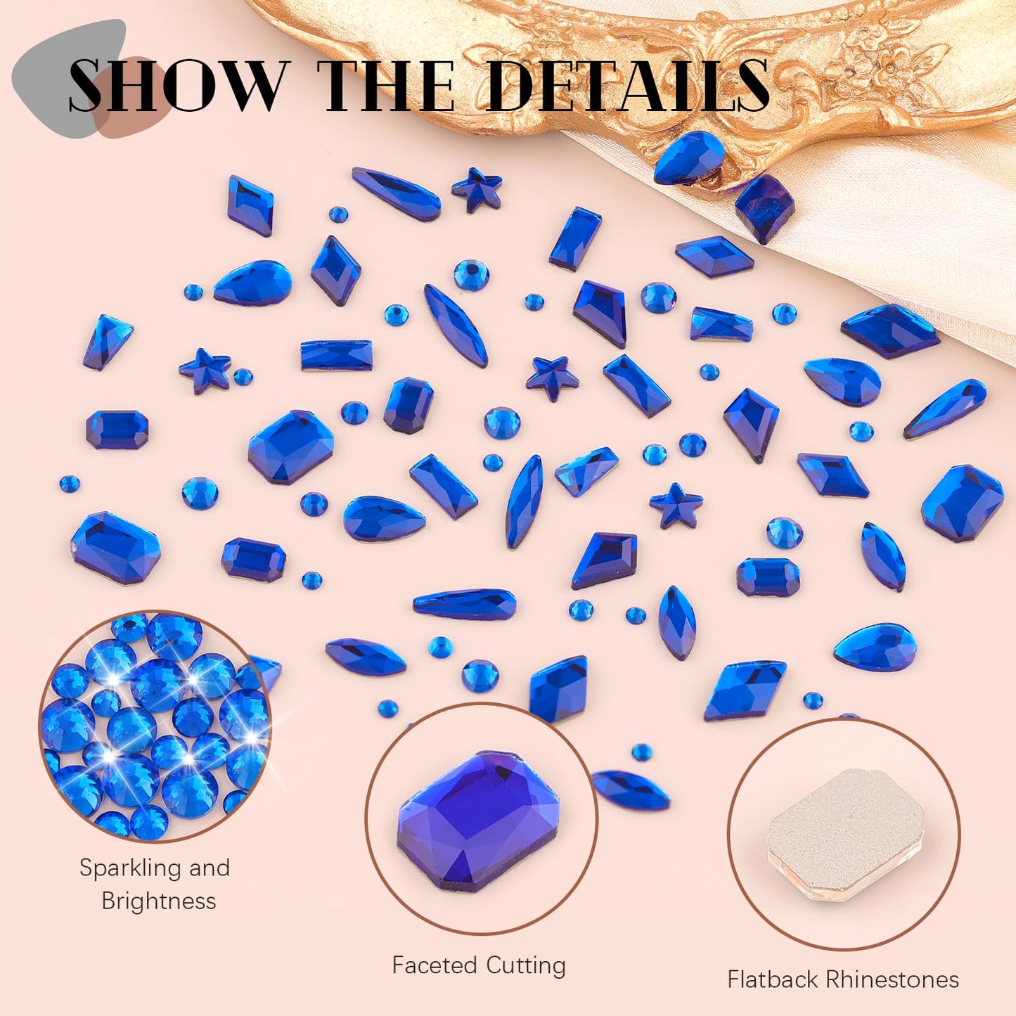 3220Pcs Royal Blue Glass Nail Rhinestones 120Pcs Multi Shapes Flatback Gems Crystal + 3100Pcs 1.5-4mm Round Beads, Manicure Diomand Jewelry Gemstones for Nail Design Makeup Acrylic Nails Decoration