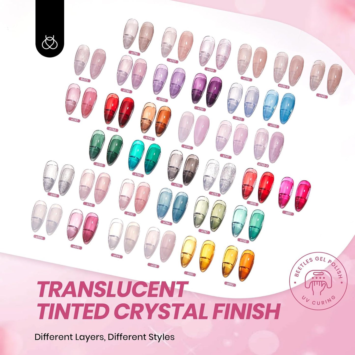 Beetles Jelly Gel Nail Polish Set, 53PCS 36 Colors Jelly Pink Milky White Red Black Blue Green Silver Cat Eye Base Glitter Glossy Matte Top Coat Crystal Ice Collection French Nails Gift for Women