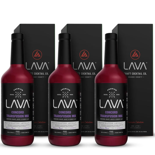 (3 Pack) LAVA Premium Concord Transfusion Mix made with concord grape juice, real ginger, ginger ale, no artificial sweeteners, 1-Liter (33.8oz) Glass Bottle, Ready to Use.