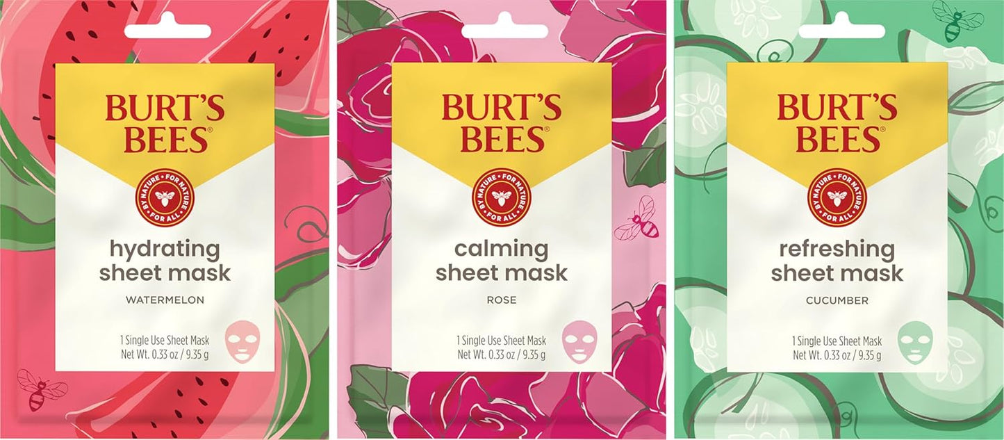 Burt's Bees Face Mask Bundle Set, Hydrating Watermelon, Calming Rose, & Refreshing Cucumber, Face Sheet Masks for Single Use Skin Care, 99% Natural Origin, 3 Count, 0.33oz Each