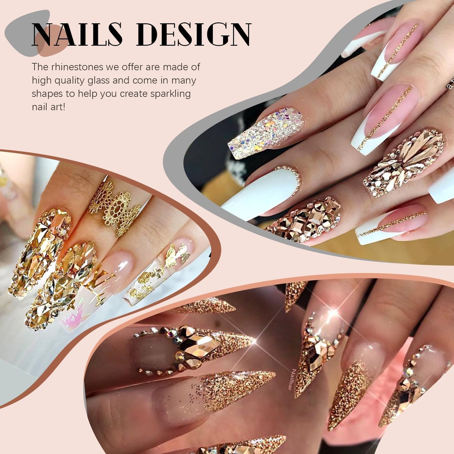 2680Pcs Mineral Gold Glass Nail Rhinestones 120Pcs Multi Shapes Flatback Nail Gems + 2560Pcs 1.5-4mm Round Crystal, Manicure Nail Charms Diamond Gemstones for Acrylic Nails Decoration