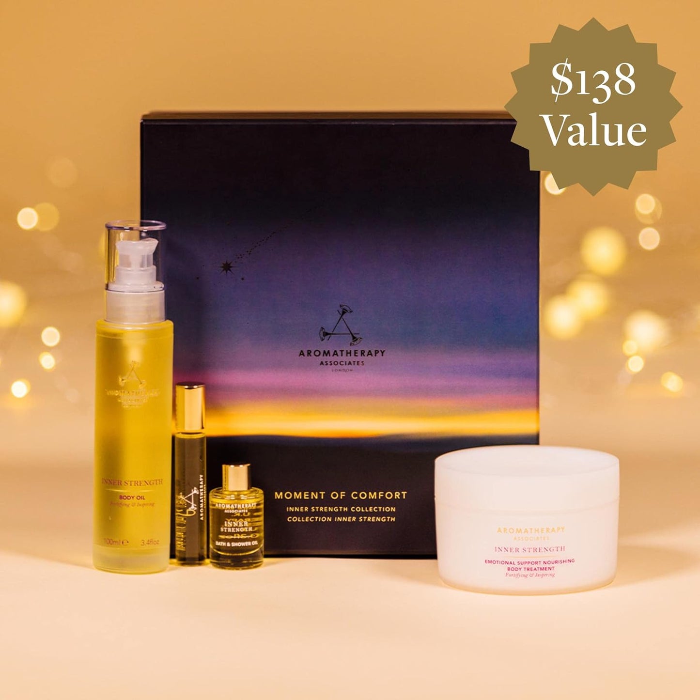 Aromatherapy Associates Moment of Comfort. Luxurious Holiday Gift Set Includes Inner Strength Bath and Shower Oil, Roller Ball, Body Oil, and Body Treatment (1 count)