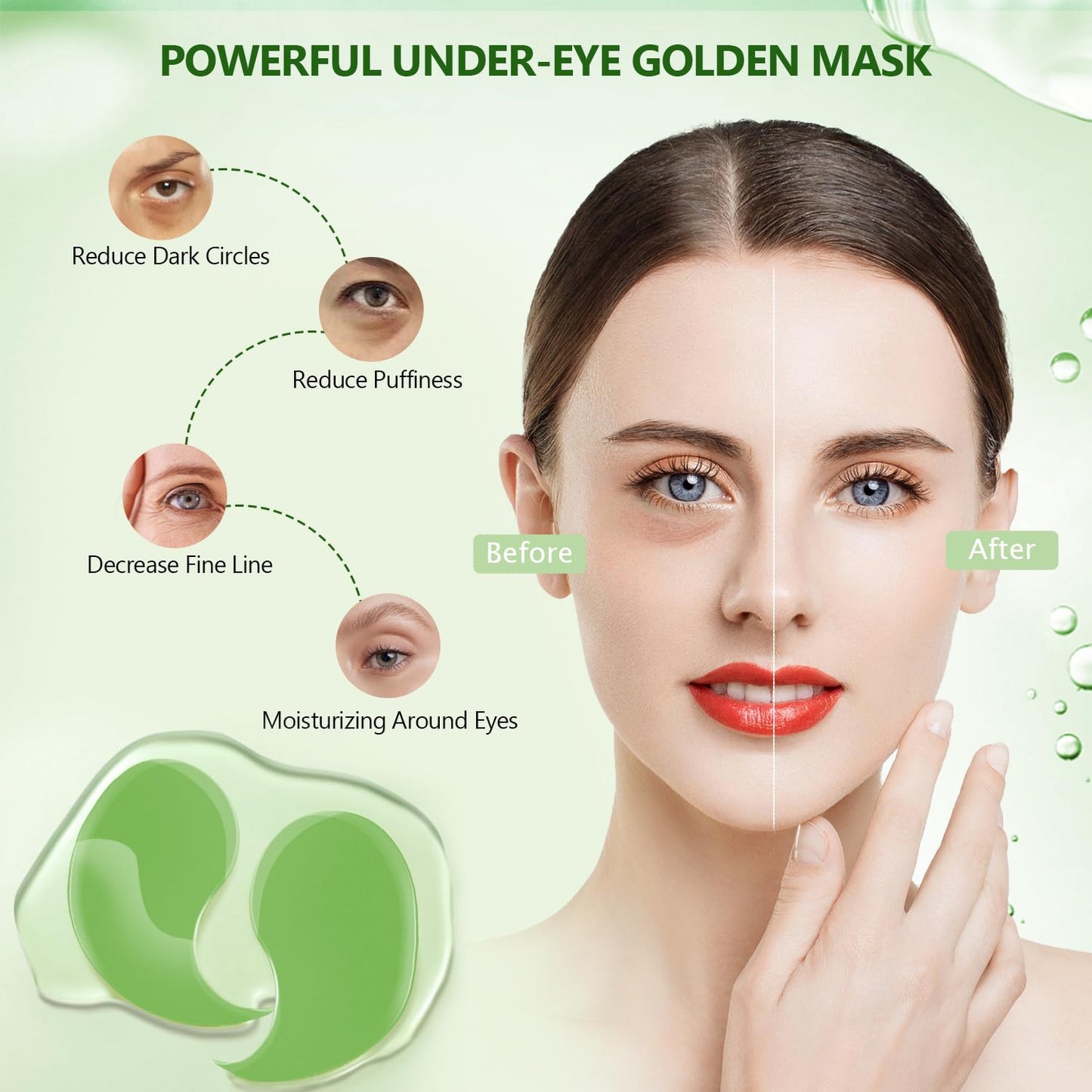 Green Eye Mask 60Pcs, 5 Portable 24K Gold Hydrating Under Eye Patches, 30 Pairs Women Men Collagen Undereye Gel Pads for Dark Circles Puffy Eyes Puffiness Wrinkle Eye Bag Treatment