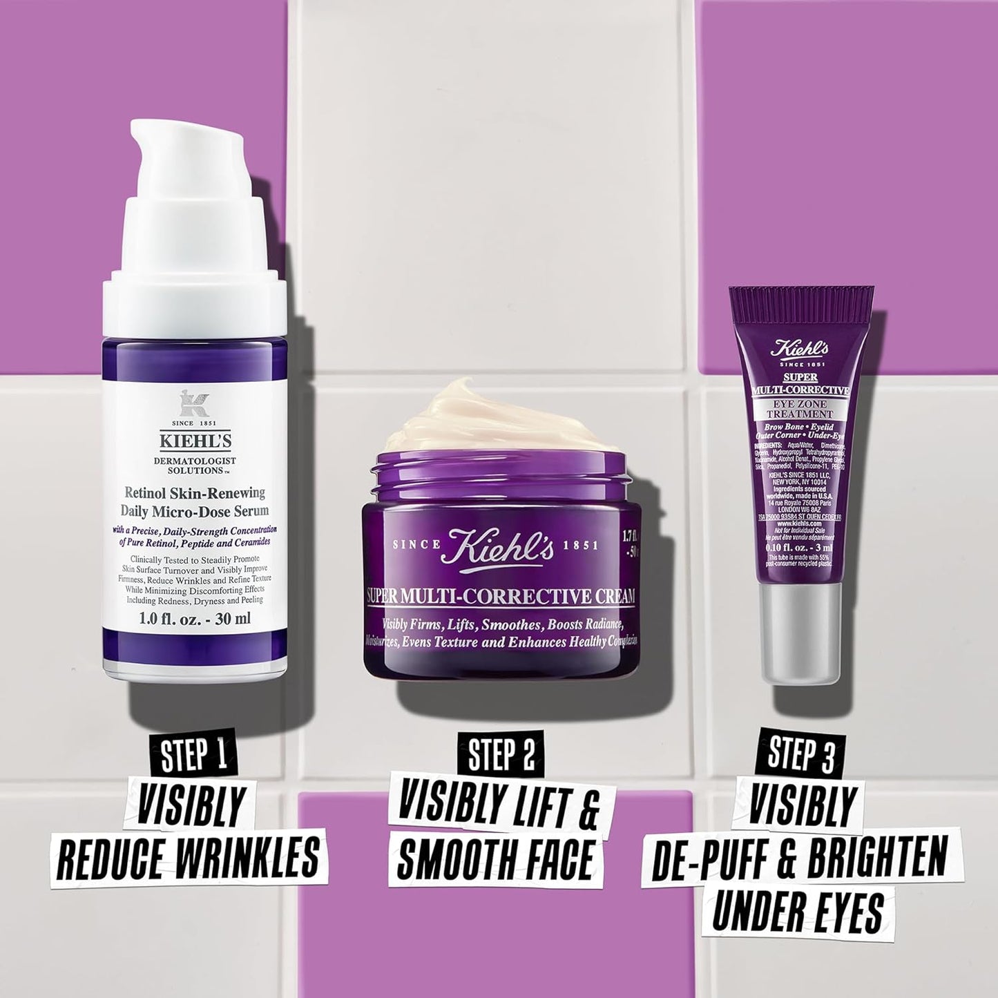 Kiehl's Seriously Correcting Skin Smoothers Skincare Gift Set – 3 Piece Skincare Routine Set with Wrinkle Reducing Face Moisturizer, Retinol Facial Serum & Anti-Aging Eye Cream