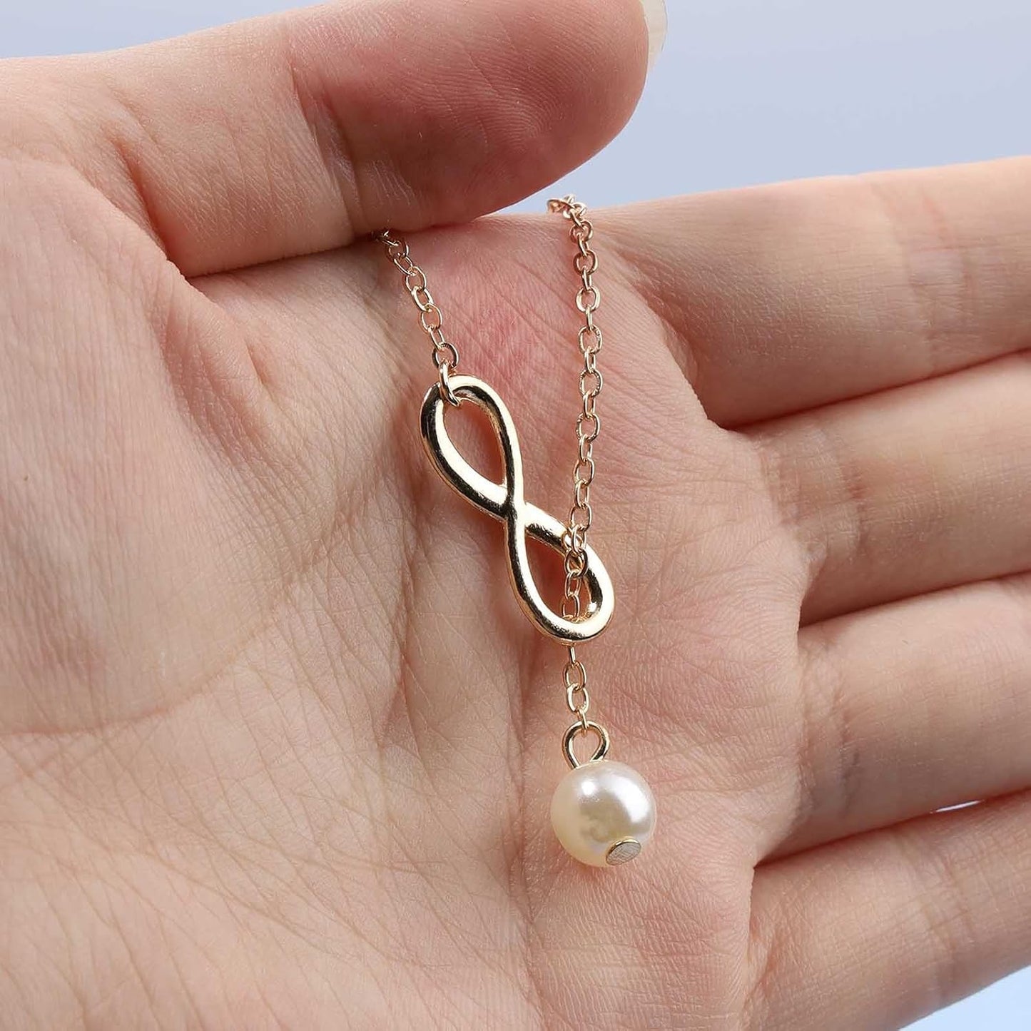 Boho Pearl Infinity Necklace Silver Y Pearl Necklace Minimalist Chain Y Lariat Necklace Chain Jewelry for Women and Girls