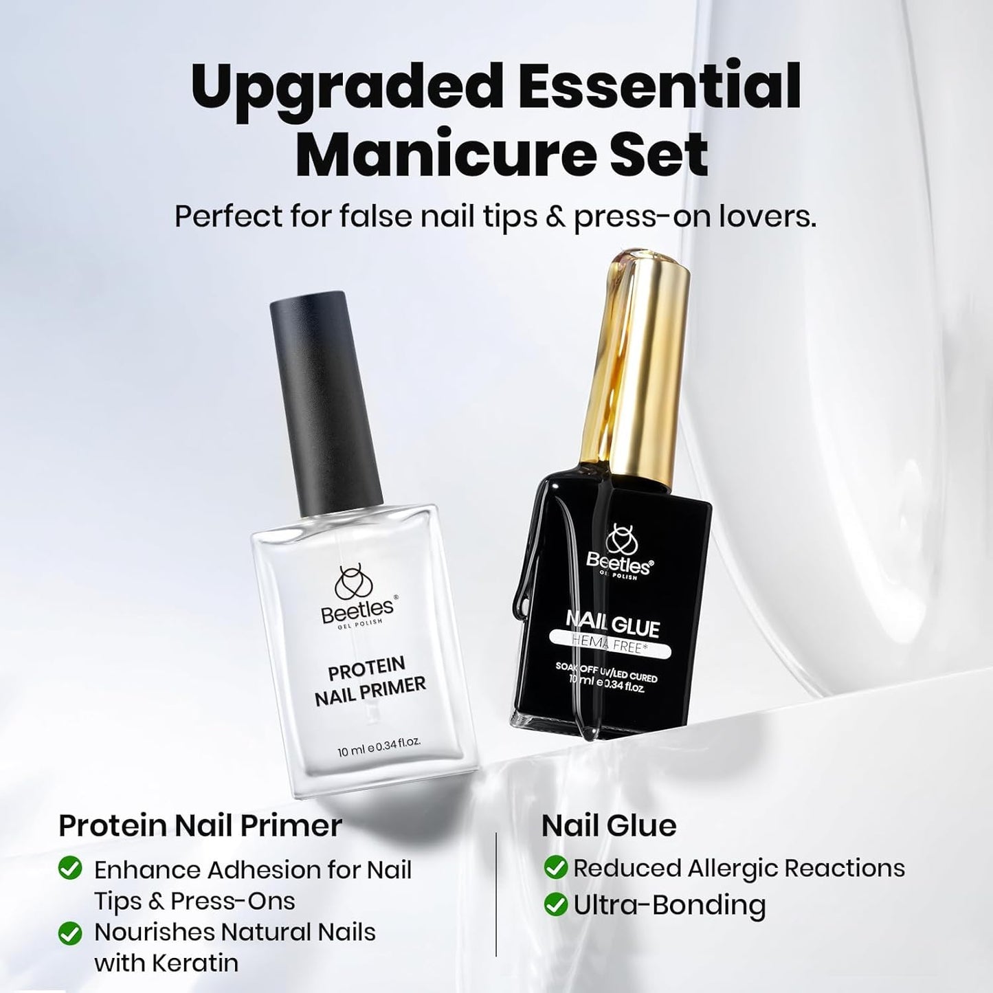 Beetles HEMA-Free Nail Glue & Primer Set, 2Pcs 10ml Super Strong 9 in 1 Nail Glue Gel and Bond Primer for Acrylic Fast Dry Nail Supplies, Long-Lasting Professional Nail Kit, U V Light Required