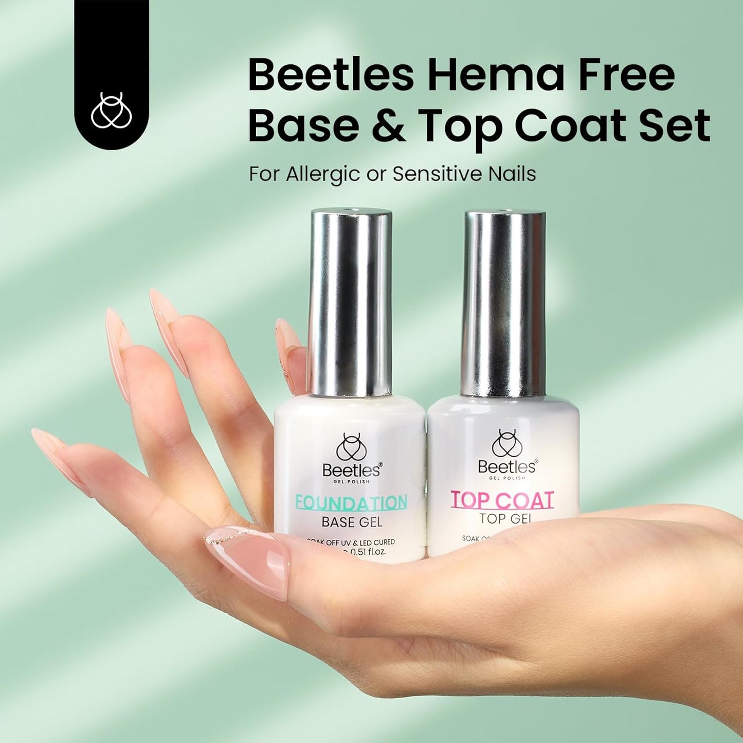 Beetles 2Pcs Hema Free Gel Base and Top Coat Set No Wipe, Upgraded Mild Formula Glossy Top Coat Gel Nail Polish Long Lasting Effect Soak Off No More Damaged Nails