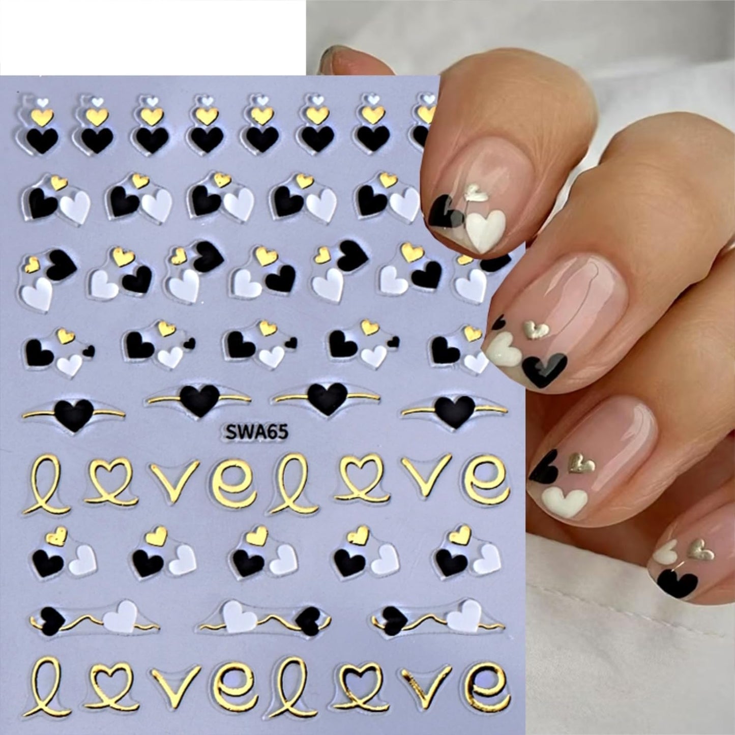 8 Sheets Valentine's Day Nail Stickers for Nail Art 3D Self Adhesive Heart Nail Art Stickers Black White Pink Valentine's Day Nail Decals Heart Nail Design Valentine's Day Nail Art Supplies for Women