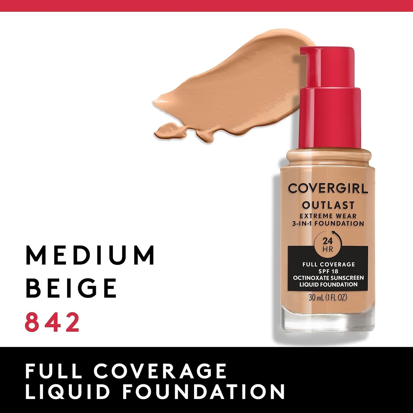 Covergirl Outlast Extreme Wear 3-in-1 Full Coverage Liquid Foundation, SPF 18 Sunscreen, Medium Beige, 1 Fl. Oz.