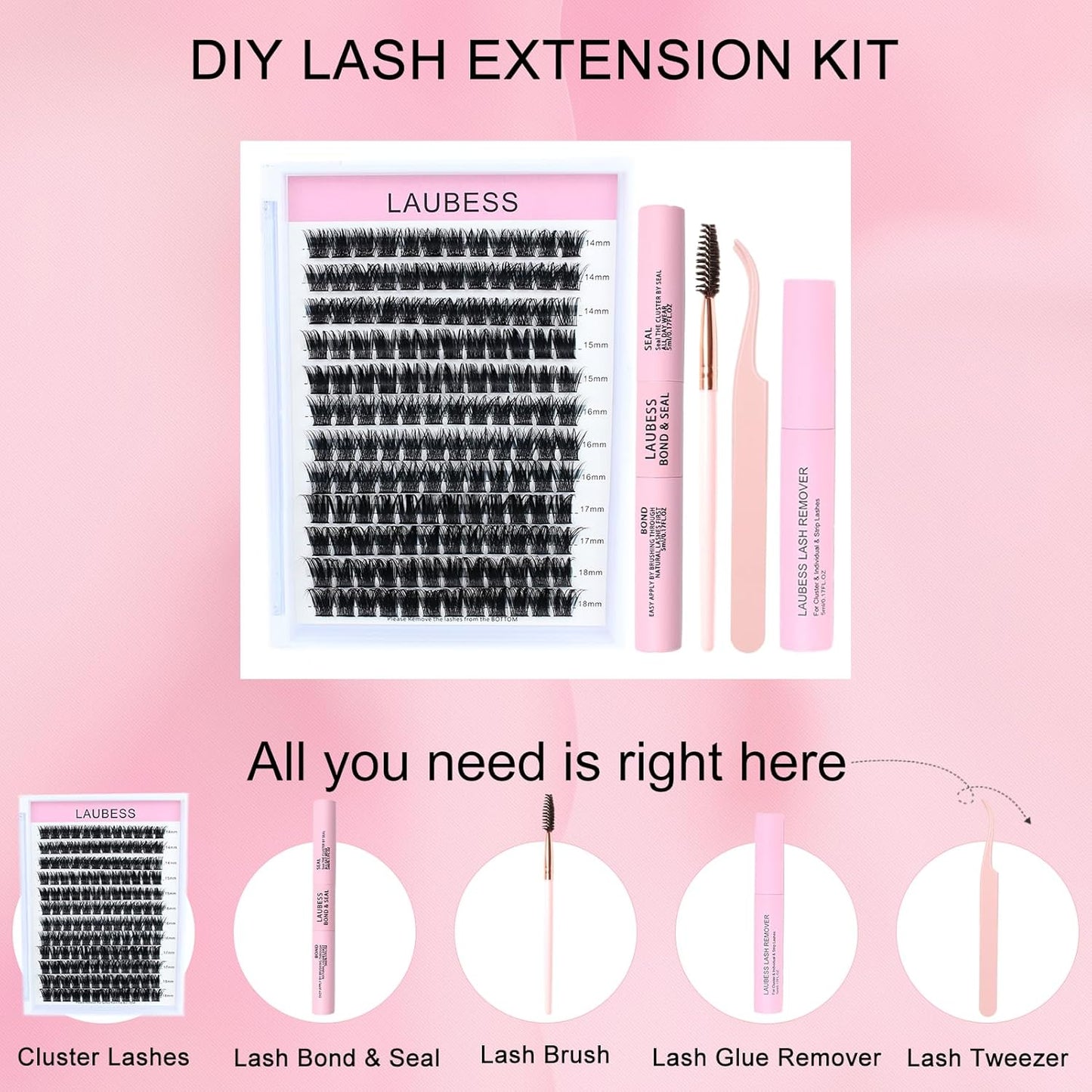 Lash Extension Kit LAUBESS Lash Clusters Kit Cluster Eyelash Extensions Kit Eyelash Clusters Lash Bond and Seal Waterproof Tweezers Brush Lash Glue Remover (Kit 03-D-Mix14-18)