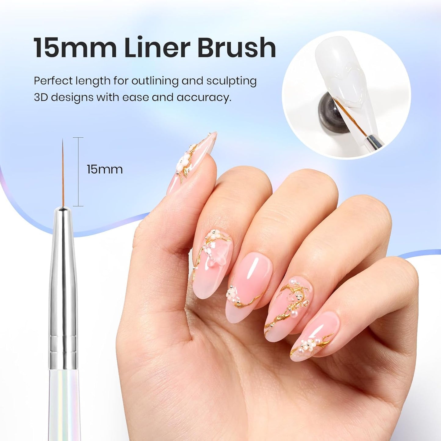 Beetles 3D Nail Art Brushes, Dual-ended Silicone Manicure Tool, Gold Chrome Nail Powder, 15mm Liner Brush, Dotting Tool with Flowers Bowknot Mold, Pearls, for 3D Manicure Design Carving Drawing Effect