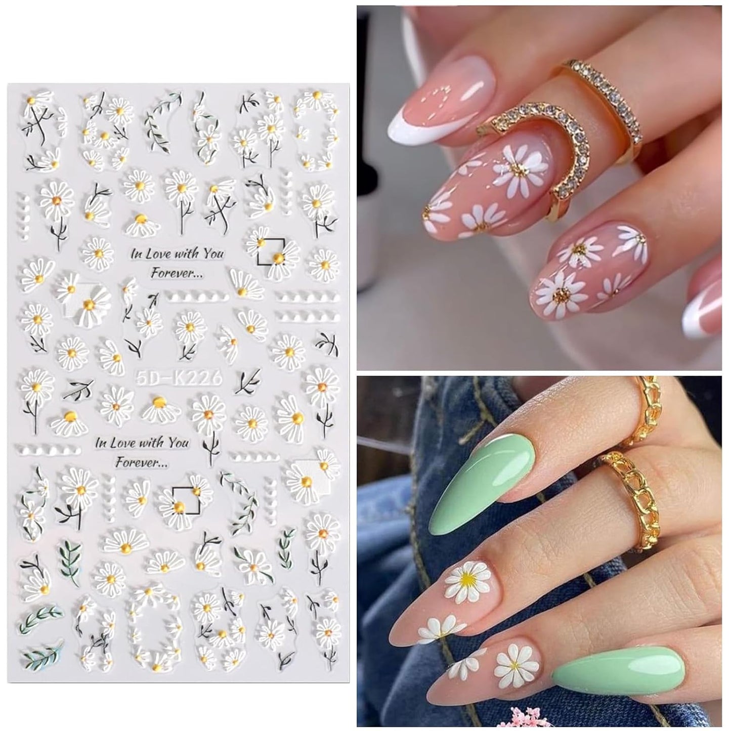 Flower Nail Stickers for Nail Art 6 Sheets 5D Embossed Nails Decals Spring Summer Self-Adhesive Supplies Accessories 3D Flowers Nails Stickers for Women Design Decoration