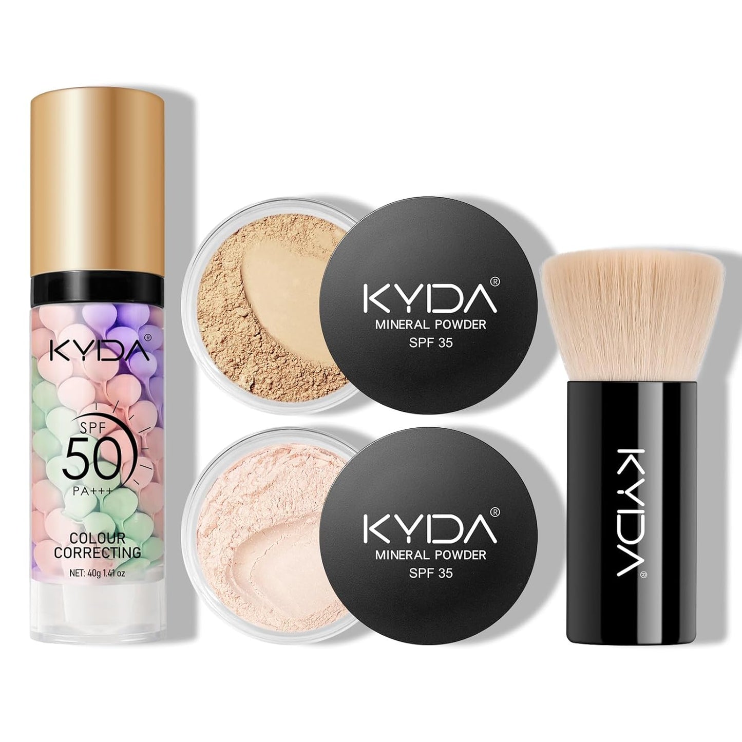 KYDA Mineral Makeup Kit, Includes SPF 50 Color Correcting Primer, SPF 35 Loose Powder Foundation + Translucent Loose Setting Powder, Foundation Brush, Makeup Starter Set, Travel Size - Fair Light