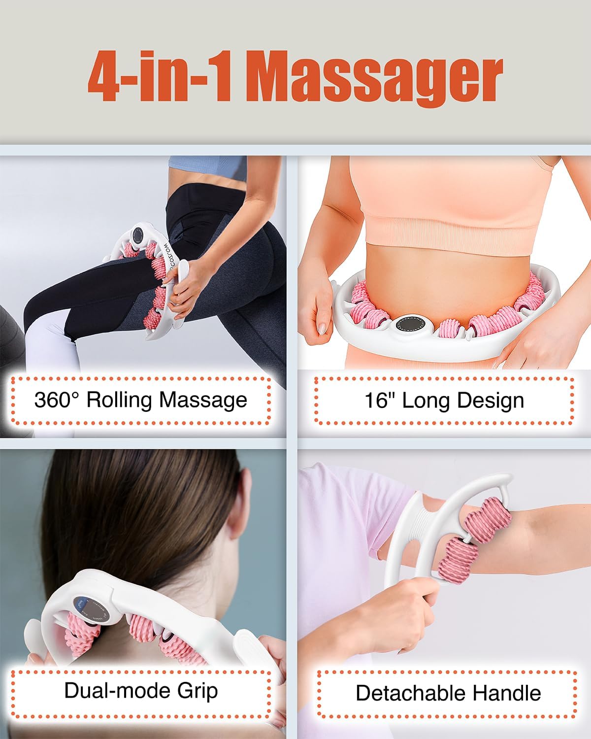 Cellulite Massage Roller - Anti-Cellulite Massager with Detachable Roller Handles for Thighs, Legs & Buttocks - Fascia Massage Tool for Lymphatic Drainage & Deep Tissue Therapy (Pink)