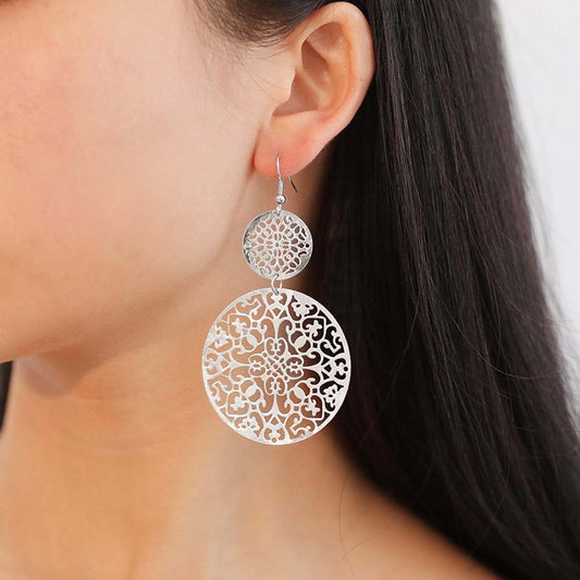 Filigree Hollow Disc Dangle Drop Earrings Boho Gold Ethnic Carved Flower Earrings Double Round Disc Drop Earrings Statement Hook Earrings Wedding Bridesmaid Jewelry for Women and Girls