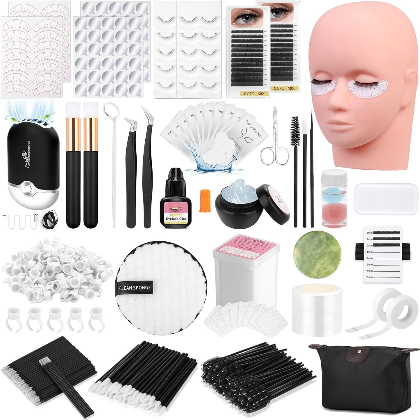 Lashes Kit for Eyelash Extension Beginner Lash Tech Starter Kit with Eye Lash Mannequin Head, Professional Eyelash Extension Kit with Lash Fan, Extension Glue and Eyelash Remover for Practice Training