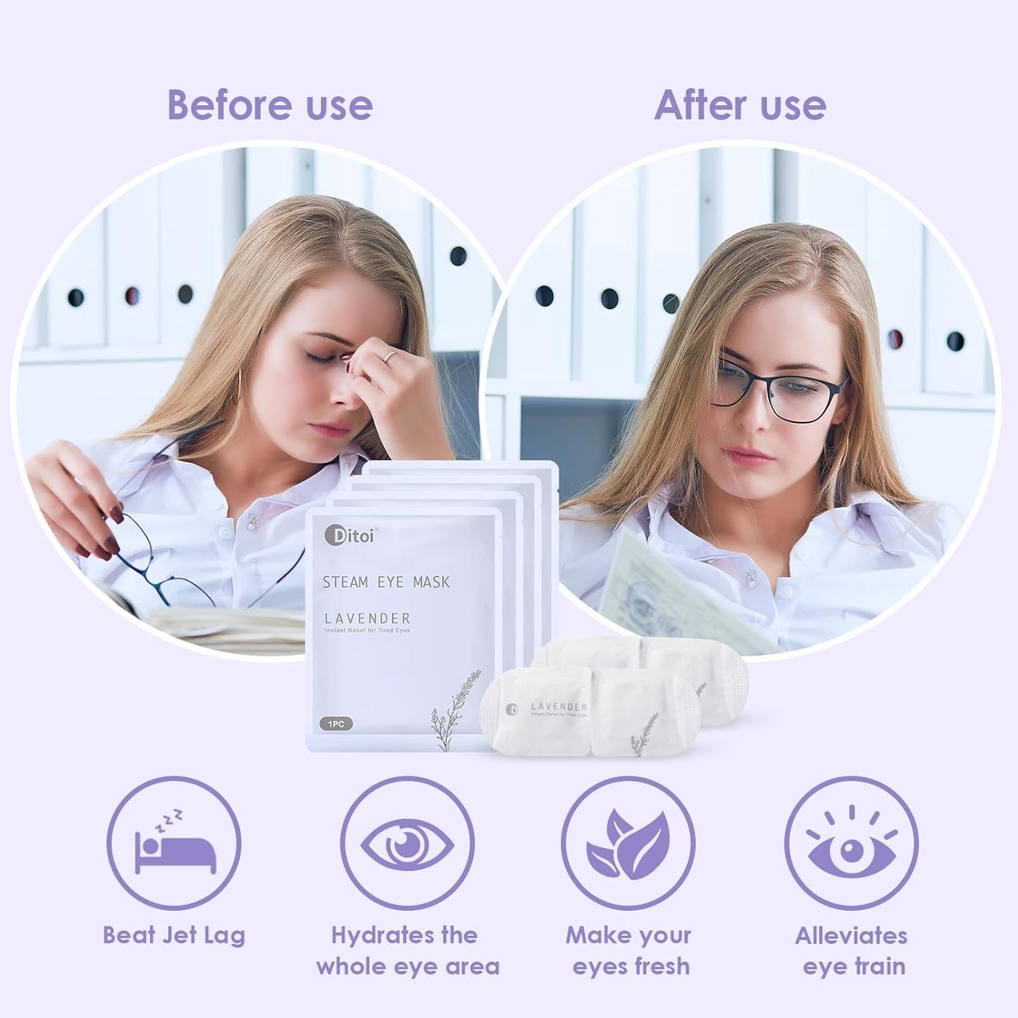 Steam Eye Masks, Rich Hyaluronic Acid Heated Lavender Eye Mask, Disposable SPA Sleep Eyes Mask, Relieving Dry Eyes, Dark Circles and Puffiness, 10 Packs