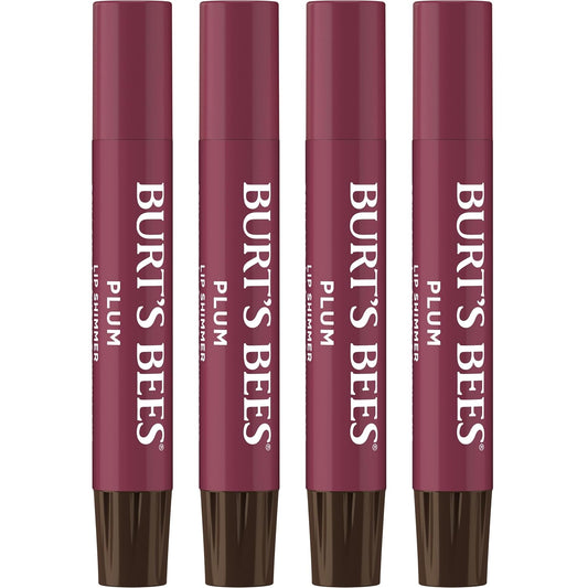 Burt's Bees Shimmer Lip Tint Set, Tinted Lip Balm Stick, Moisturizing for All Day Hydration with Natural Origin Glowy Pigmented Finish & Buildable Color, Plum (4-Pack)