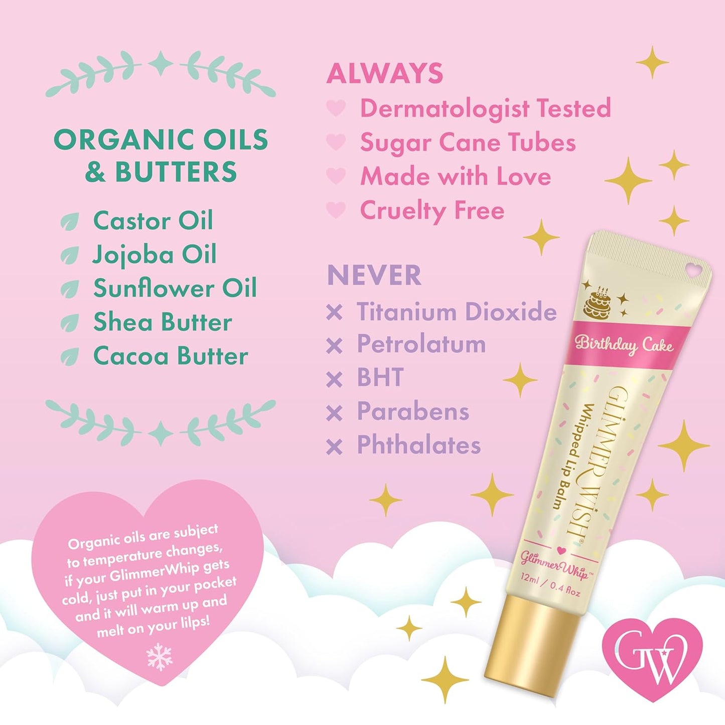 Glimmer Wish Glimmer Whip Hydrating Lip Balm – Organic Castor & Jojoba Oils, Shea & Cocoa Butters – Vegan, Non-Toxic, Moisturizing Lip Care (Birthday Cake)