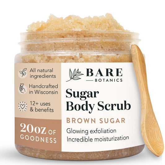 Bare Botanics Brown Sugar Body Scrub 20 oz - Naturally Scented Coconut Vanilla Sugar Scrub Made in Madison, WI - Formulated w/Skin Loving Moisturizers - Vegan, Cruelty Free w/a Cute Wooden Spoon