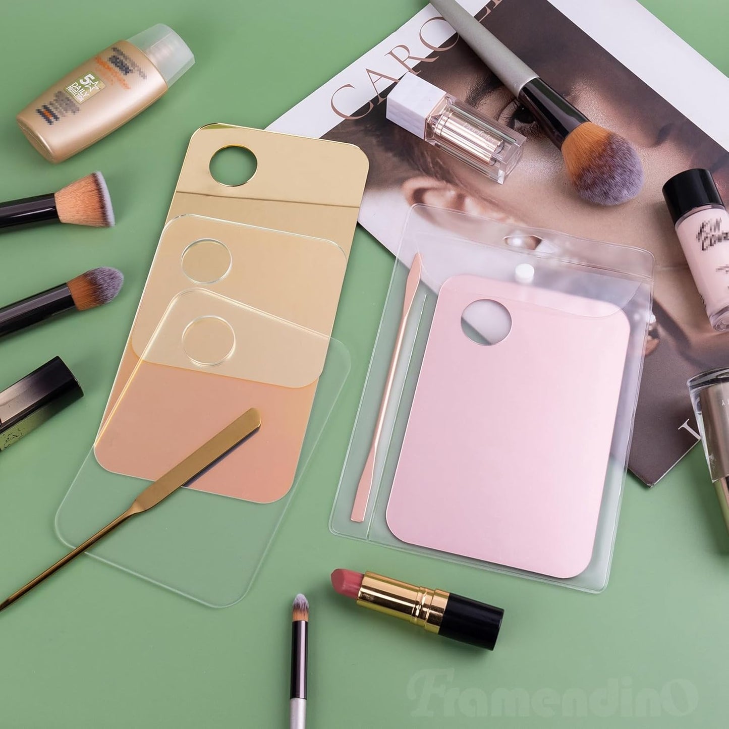 Framendino, 4 Pack Acrylic Cosmetic Makeup Palette Tray with 4 Pack Foundation Spatula Makeup Mixing Palette for Foundation Lipsticks Nail Art Beauty Salon