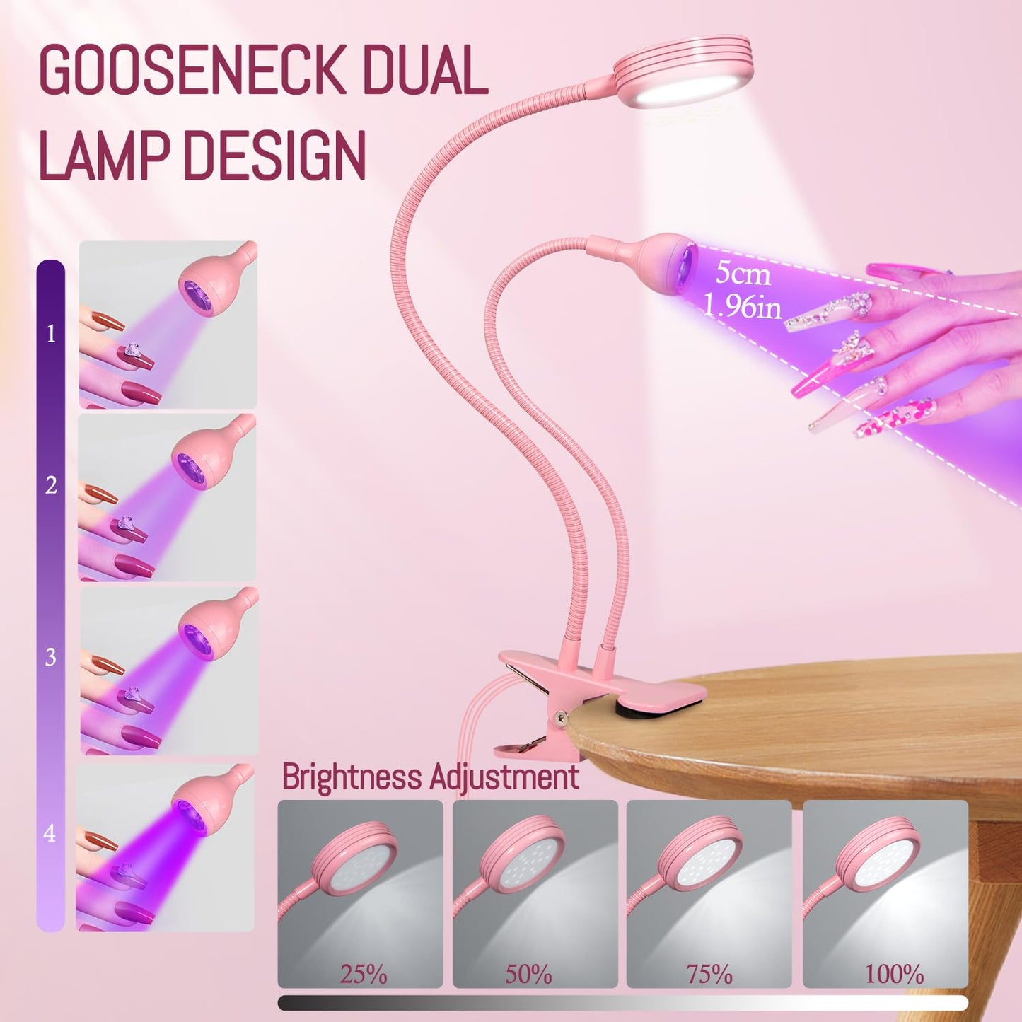 AORAEM LED Nail Lamp Double-Headed UV LED Light Quicky-Dry Duck Neck UV Lamp Dryer Curing Light with Portable Gooseneck and Clamp Flash Cure U V Light for Gel Nails Professional Home DIY Salon Pink