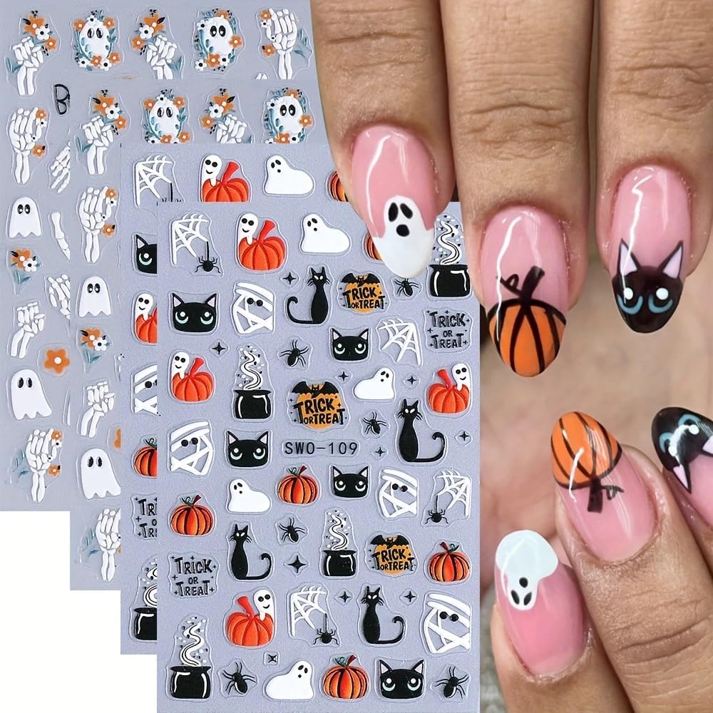 4 Sheets Halloween Nail Stickers for Nail Art Scary Black Cat Mummy Spider Web Nail Art Stickers 5D Spider Pumpkin Nail Decals Self-Adhesive Ghost Skeleton Nail Supplies for Women Nails Decoration
