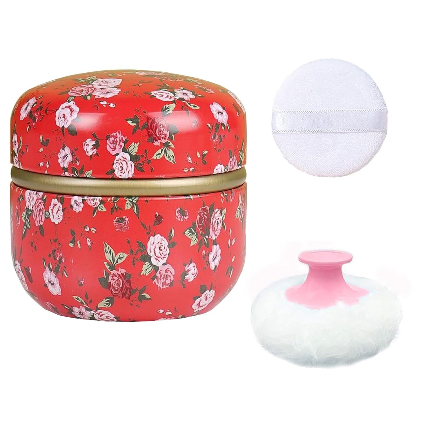 Body Powder Puff and Container for Dusting Powder, Women Powder Puff and Powder Case for Bath and Travel (Red Rose)