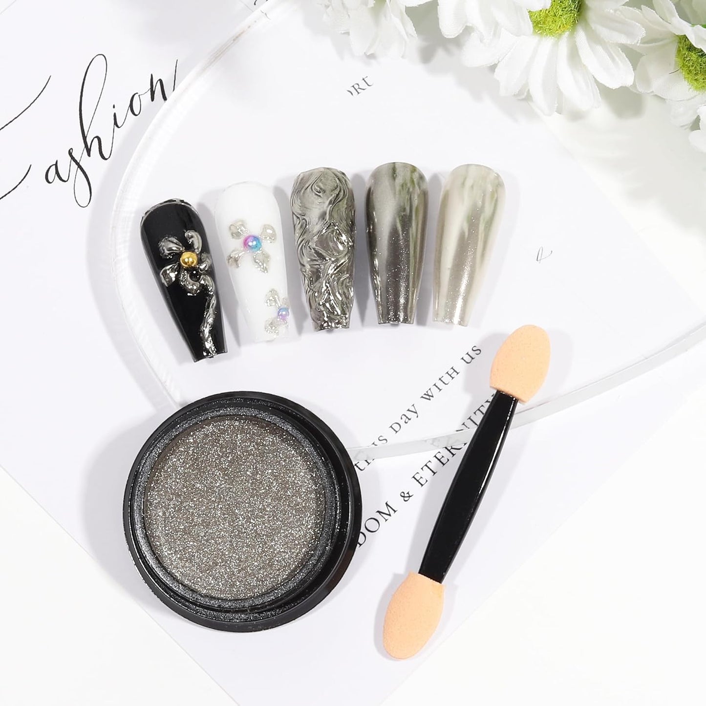 Artdone Chrome Nail Powder, Light Silver Iridescent Aurora Powder Metallic Mirror Effect Pigment Pearlescent Mermaid Pigment Pearl Glitter Dust Kit, Nail Art Decoration, Resin Craft