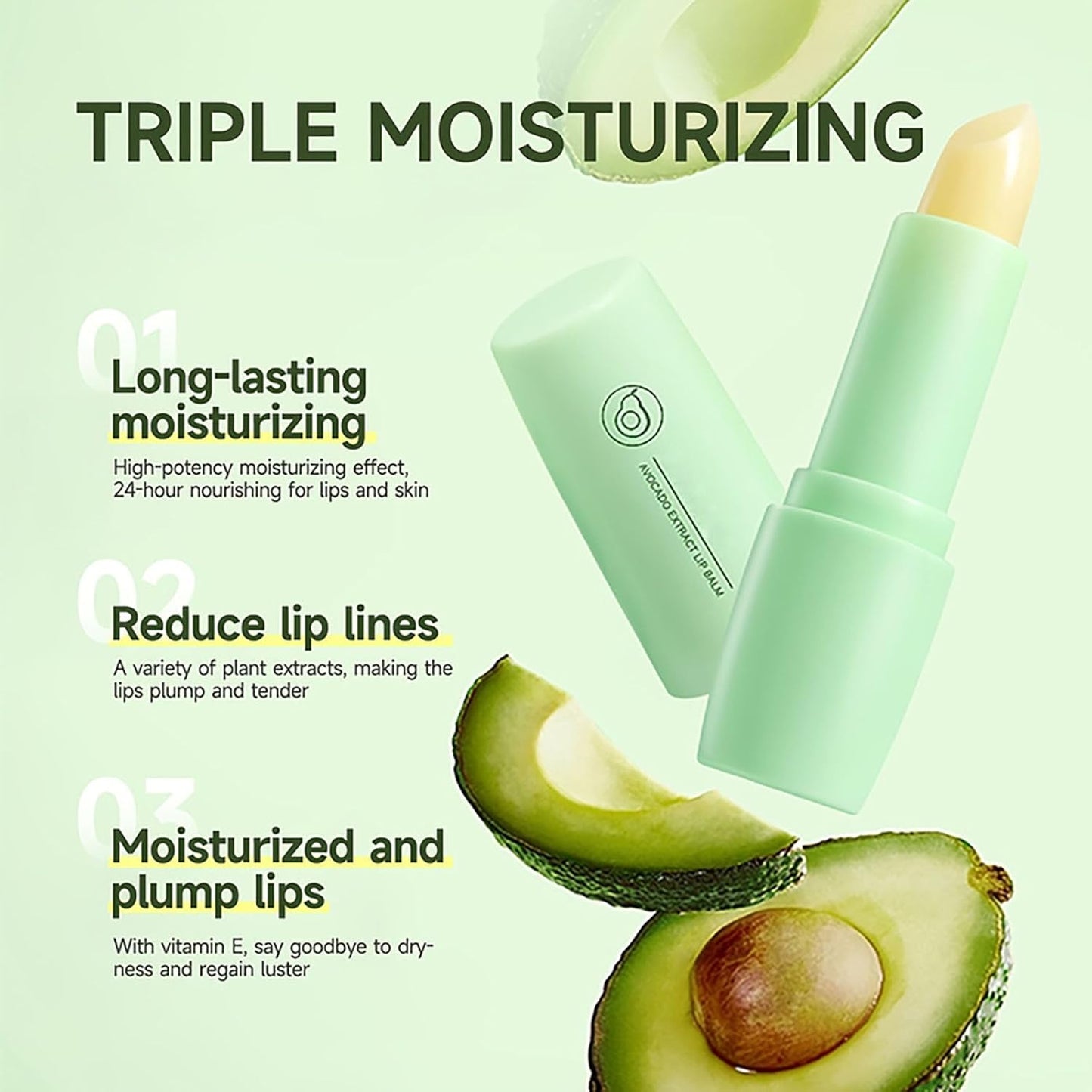 2 Pack Hyaluronic Acid Lip Balm, Avocado Moisturizing Lip Balm for Prevents Dry, Reduces Lip Lines Refreshing Soothing for Lip Softening & Hydration