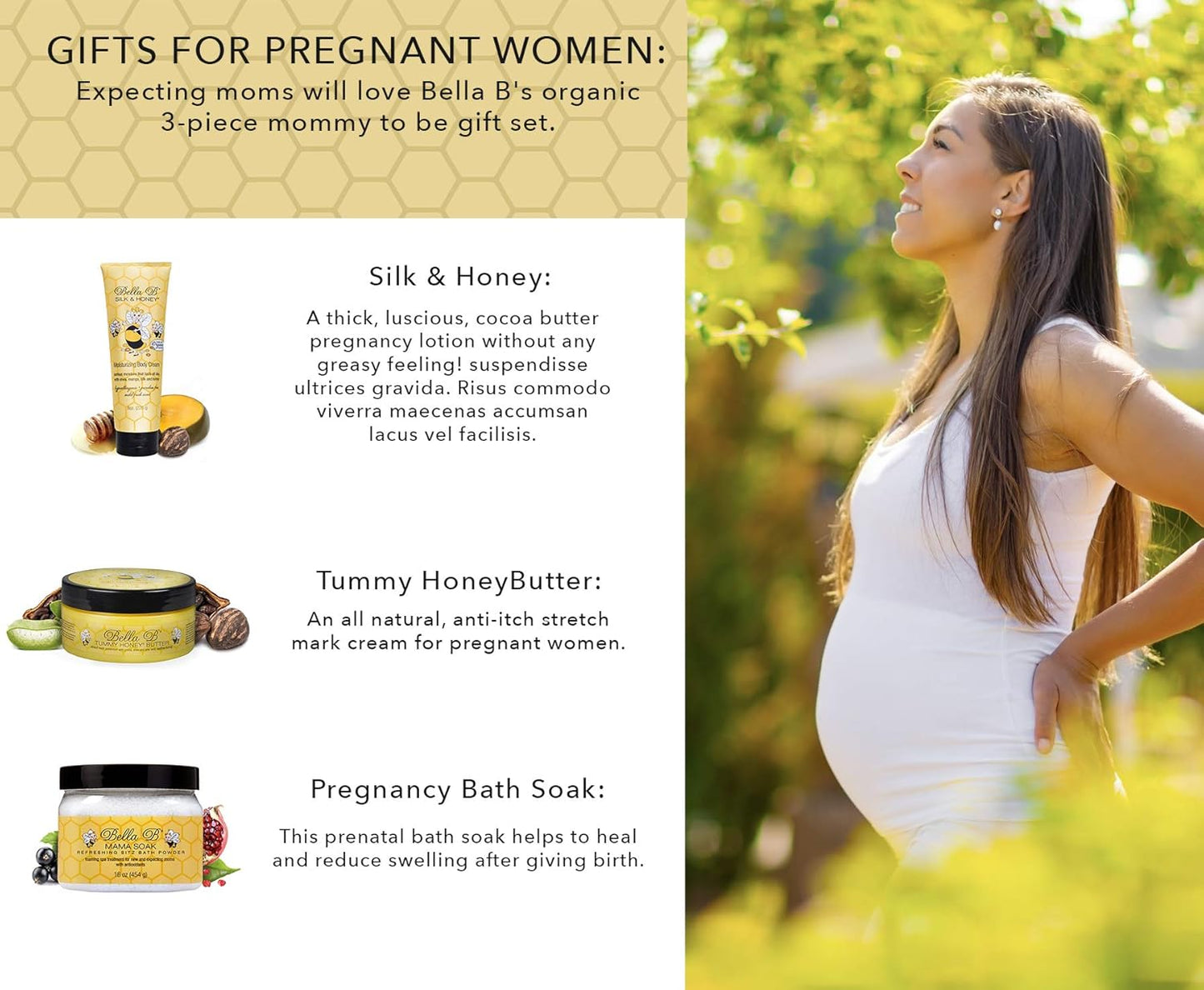 BELLA B 3-Piece Gift Set - Pregnancy Gifts For First Time Moms - Pregnant Mom Gifts - Mom To Be Gifts - Pregnancy Gift Basket - Sitz Bath Soak - Honey Tummy Butter - Silk And Honey Moisturizing Cream
