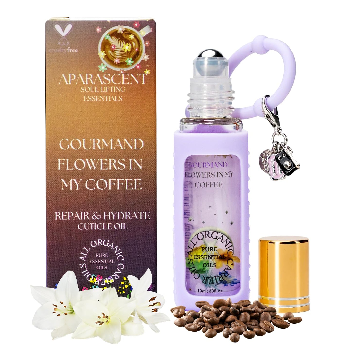 Gourmand Flowers in My Coffee Organic Nail Cuticle Oil Pen with Jojoba, Coconut MCT, and Rosehip for Nail Hydration, Growth & Strength, Travel Size Keychain(0.34 Fl Oz)