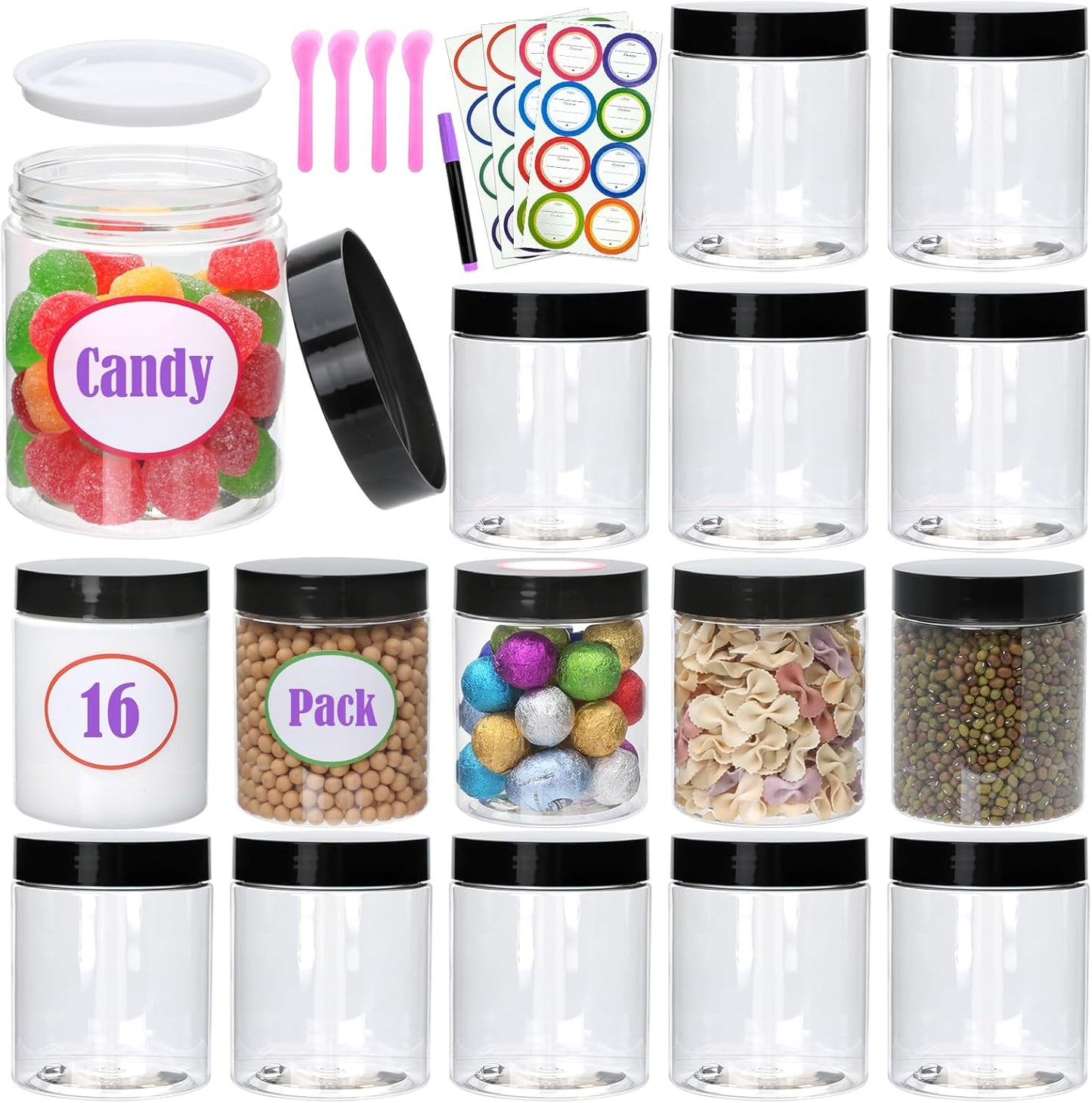 16 Pack 8oz Plastic Containers with Lids, Jars with Lids, Great for storing,lip balms, creams, ointments, cosmetics, samples