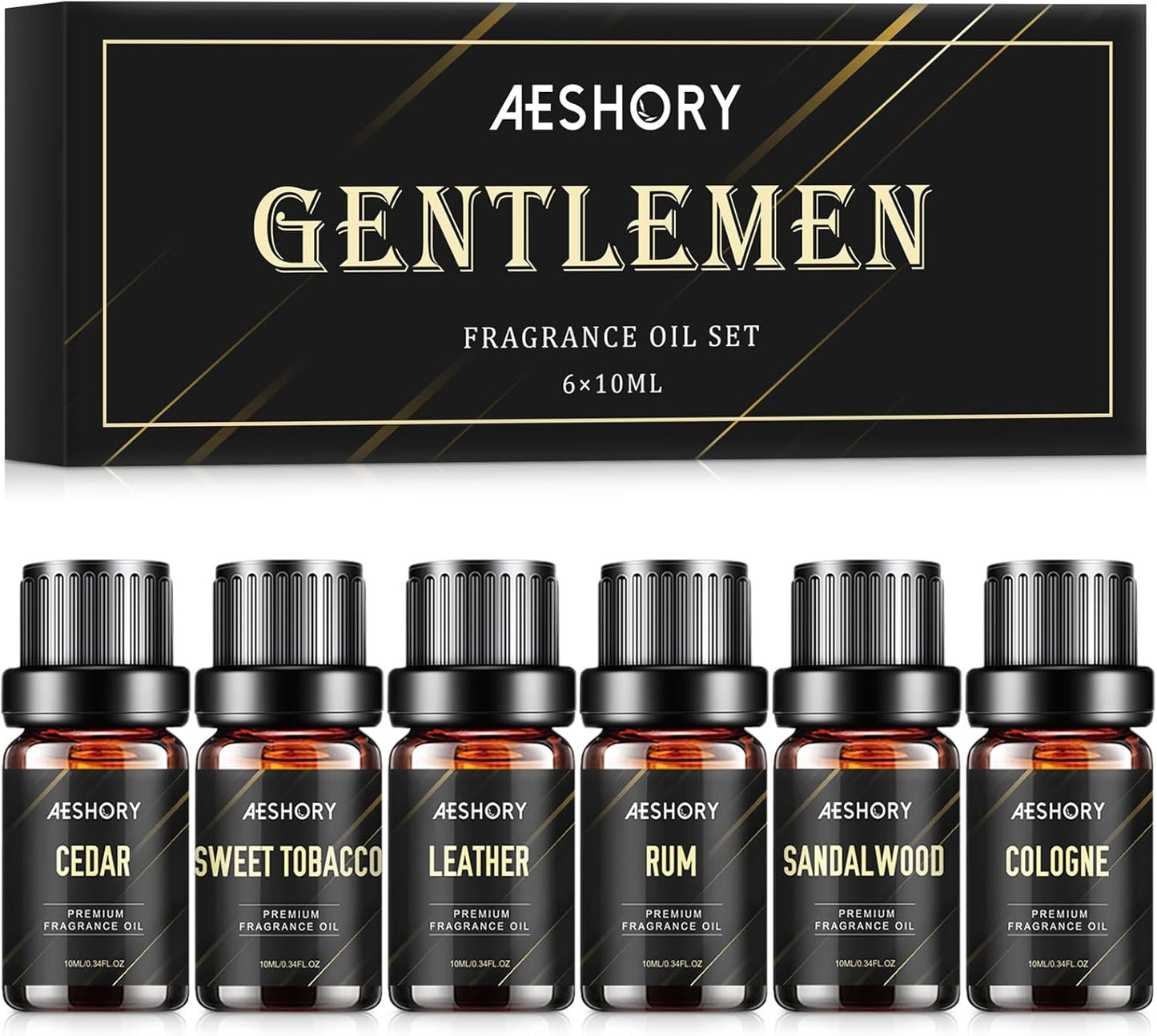 Gentlemen's Essential Oils Set - 6x10ML Mens Fragrance Oil for Candle Making, Diffuser - Sandalwood, Cedar, Leather, Sweet Tobacco, Bay Rum, Cologne Aromatherapy Oils for Men