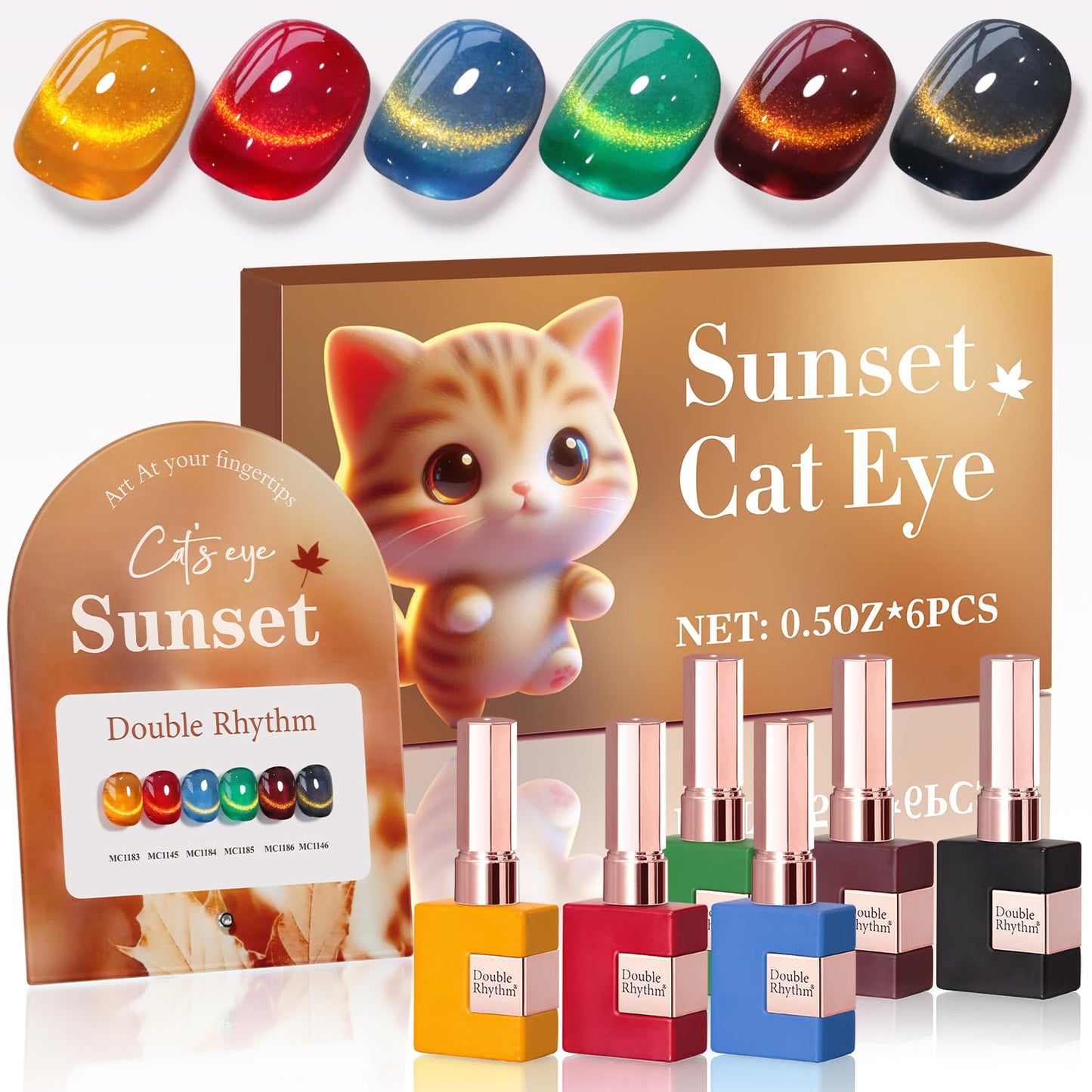 Double Rhythm Cat Eye Gel Nail Polish Set of 6 Same Color Same Bottle 0.5 Oz Shimmer Glitter with Magnet Holographic Reflective Magnetic UV Polish Kit (Golden Black Brown Red Blue Green-T6-33)
