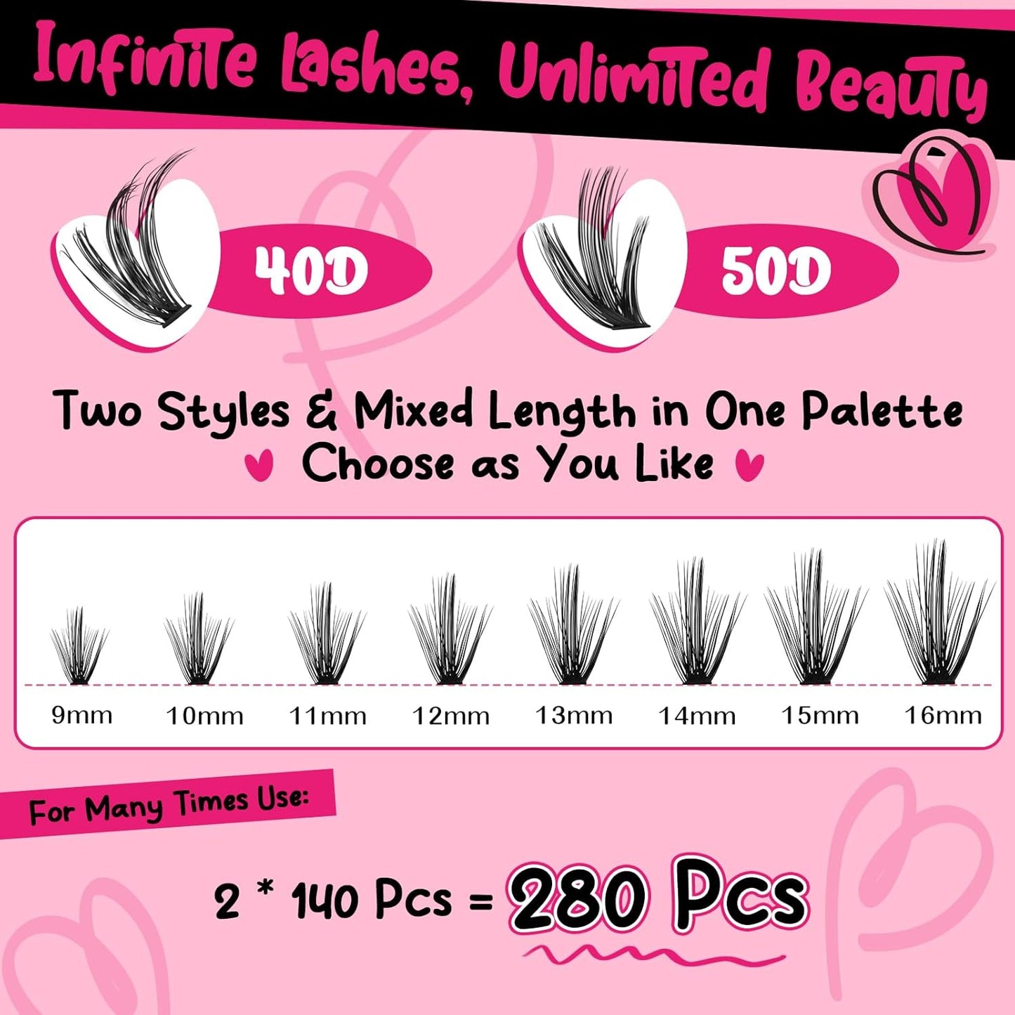 Lash Clusters Kit 280pcs Lash Clusters D Curl Eyelash Extension Kit Individual Lashes with Lash Bond and Seal Lash Remover Lash Applicator Easy to Apply at Home(40D+50D-9-16mix Kit)