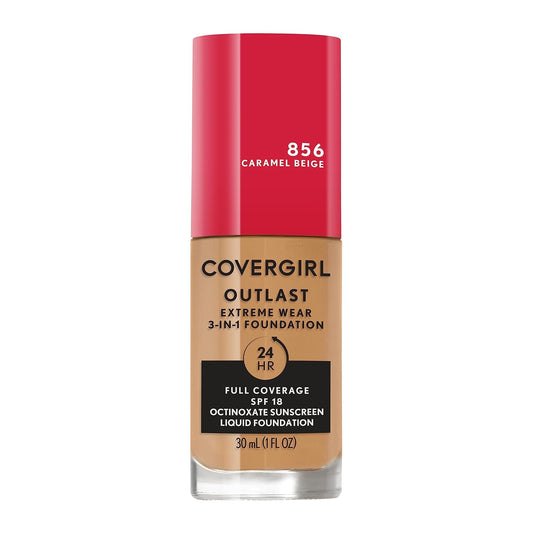 Covergirl Outlast Extreme Wear 3-in-1 Full Coverage Liquid Foundation, SPF 18 Sunscreen, Caramel Beige, 1 Fl. Oz.