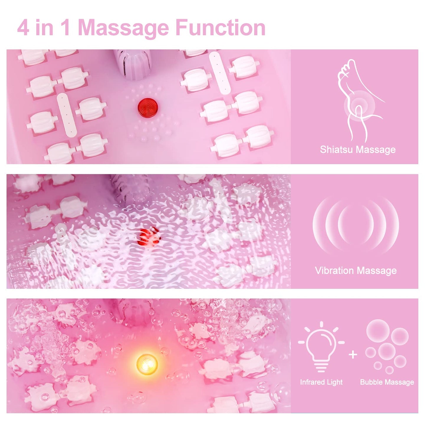 Foot Spa Bath Massager with Heat Bubbles and Vibration Massage and Jets, 16 OZ Calming Lavender Foot Soak Epsom Salt, Foot Soaker with Red Light, 22 Massage Rollers, Adjustable Temp - Pink