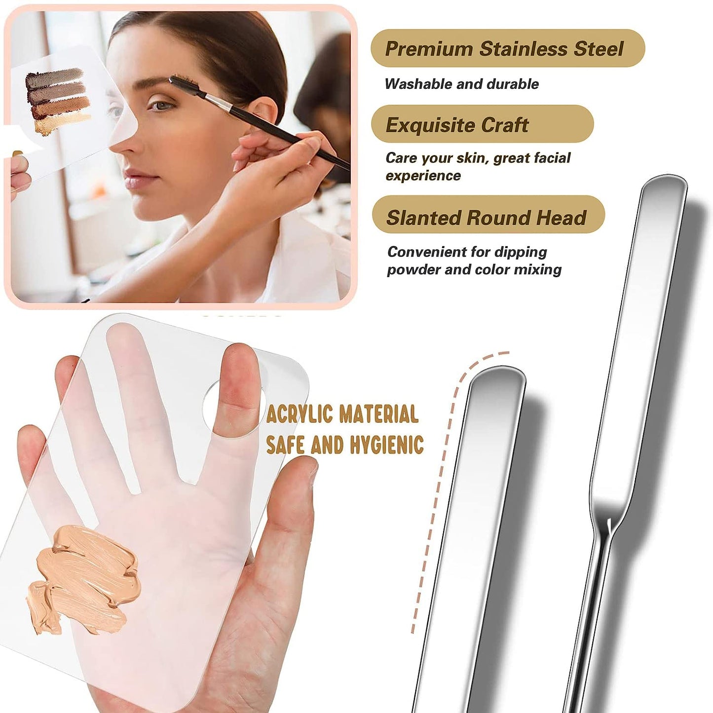 Makeup Spatula and Makeup Palette, Stainless Steel Foundation Palette & Tiny Spatula Tool for Nail, Art, Eye Shadow, Eyelash, Face Makeup (Acrylic Palette)