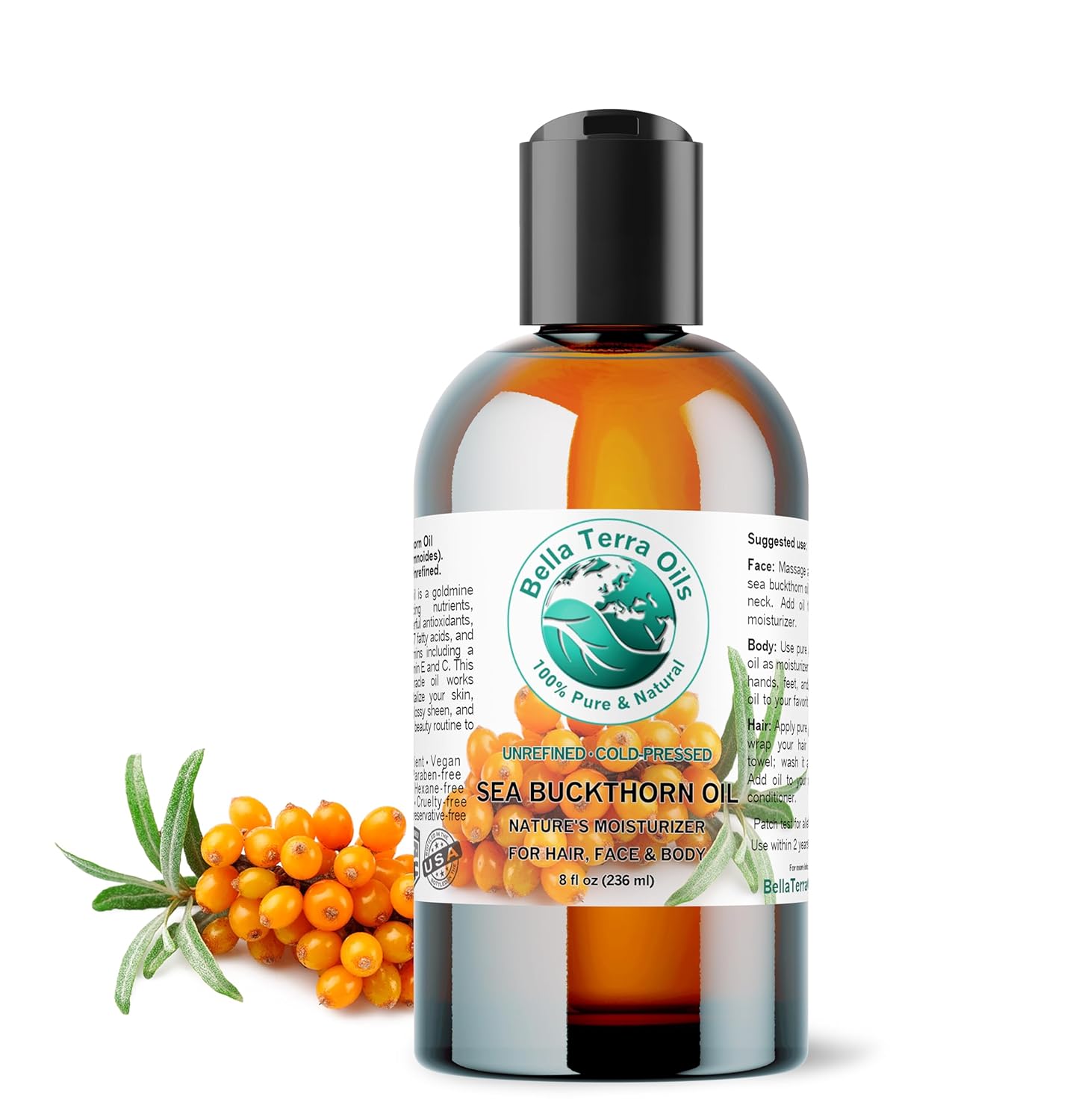 Bella Terra Oils - Sea Buckthorn Oil 8 oz - The Ultimate Elixir from Nature's Bounty, Rich in Flavonoids & Essential Fatty Acids, Gilded Luxe for Your Face