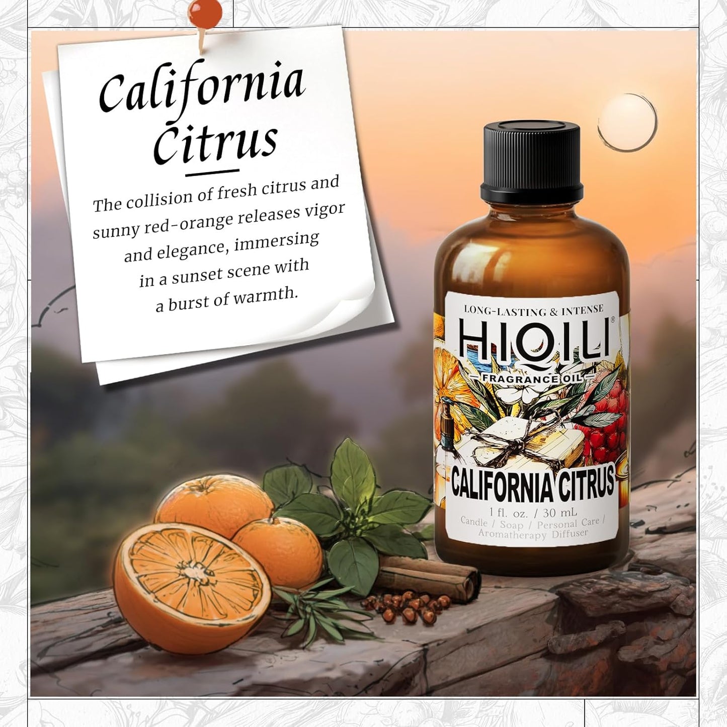 HIQILI California Citrus Fragrance Oil for Home Diffuser, Inspired by Alr-Cologne Cl.Calif, Making Candle, Soap & Air Freshener Spray, Fresh Hotel Scents - 1 Fl Oz