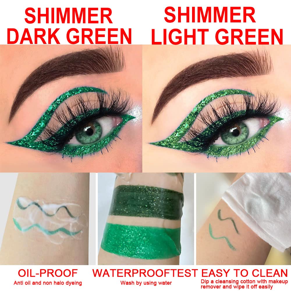 evpct 2Pcs Emerald Dark Green Glitter Shimmer Liquid Eyeliner Eye Shadow Makeup Pencil, Green Face Body Glitter Fake Eyelashes Lashes Mascara Accessories, Sparkle Metallic Colored Eyeliner Waterproof