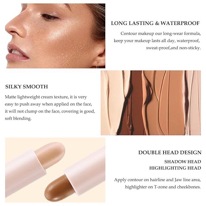 Boobeen Highlight and Contour Stick Dual-ended Contouring Cream Makeup Pencil Kit, Long Lasting & Waterproof Face Bronzer and Highlighter Makeup Stick Shadow Pen, Pack of 1