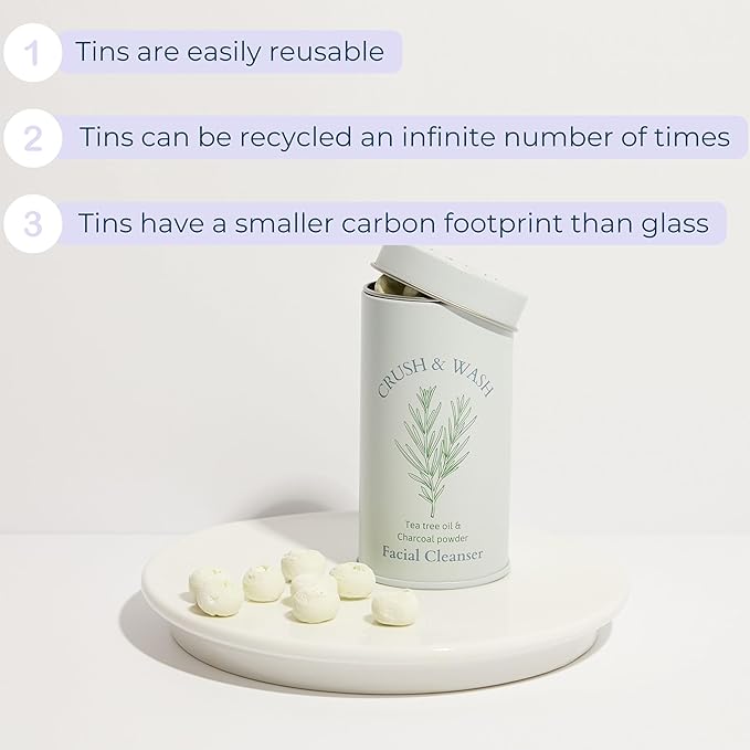 3-in-1 Solid Facial Cleanser, Exfoliator, and Wash-off Mask - Vegan, Cruelty-Free, Plastic-Free, Travel-Friendly, 1 Month Supply (60 Crushable Tablets) in Tin (Calming Beans in Tin)