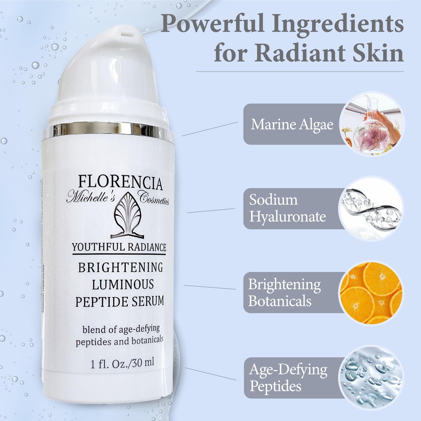 Florencia Brightening Luminous Peptide Serum - Age-Defying Face Serum with Peptides, Sodium Hyaluronate & Organic Botanicals – Helps to Reduce Wrinkles, Illuminate Complexion, 1 Oz